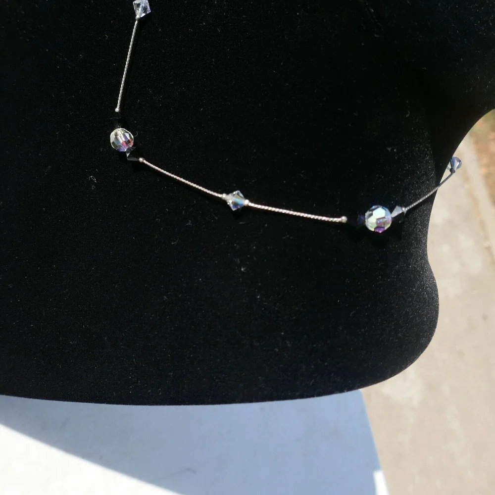 Crystal Aurora Borealis Necklace Black Crystal Silvertone 15 inches long - Picture 3 of 7